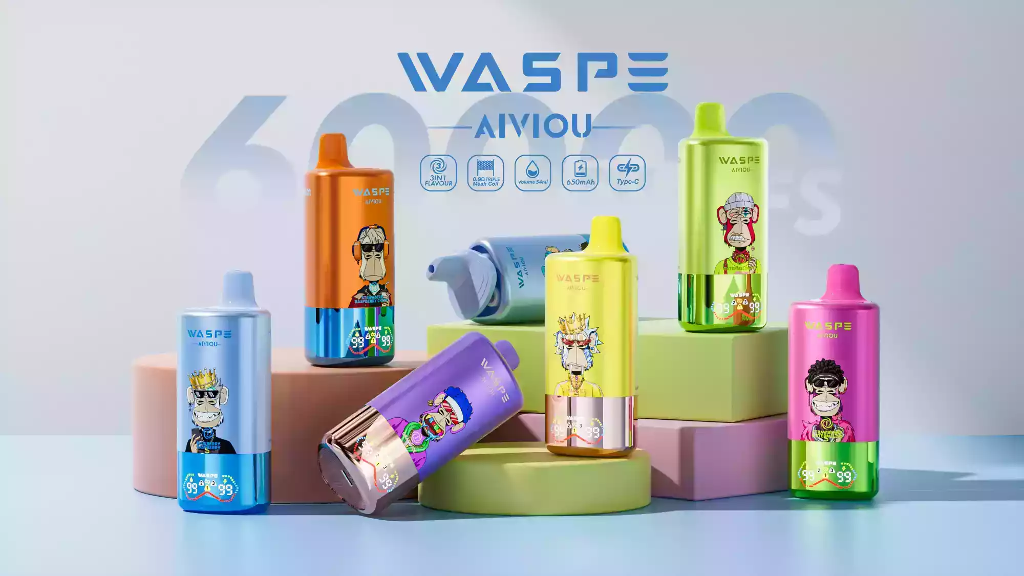 WASPE 3 in 1 60000 Puffs Disposable Vape 54mL E-Liquid LED Display 850mAh Battery Mesh Coil